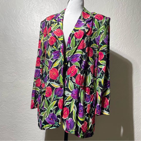 Vintage Jackets & Blazers - VTG Norton McNaughton Blazer Women Open Front tulip Floral Jacket Shoulder Pad